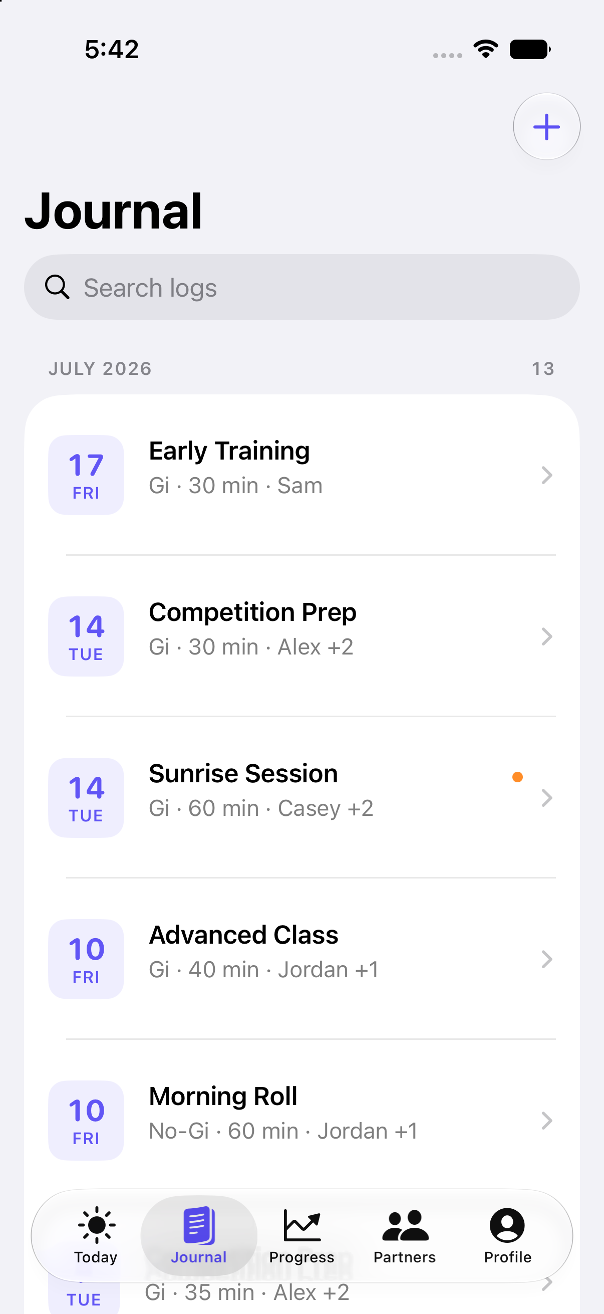 Journal screen showing training history
